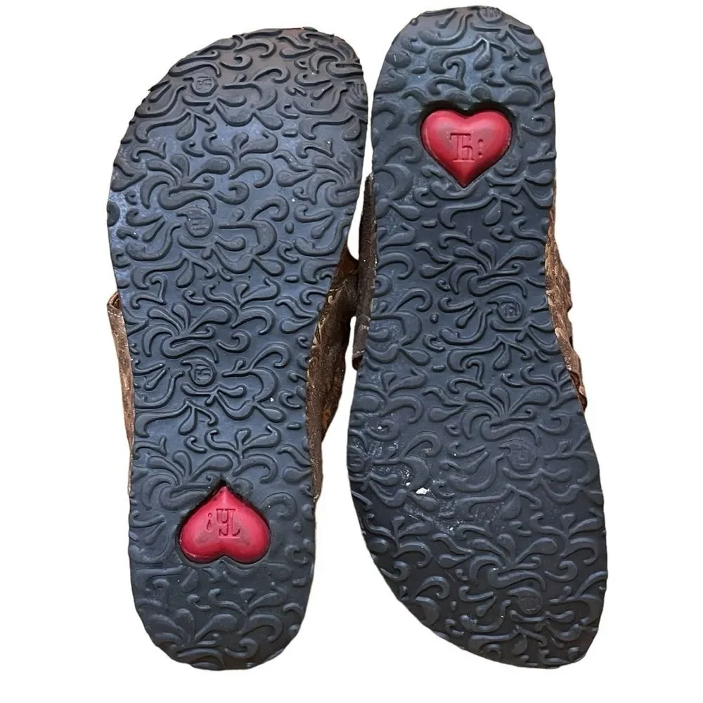 Think! Brown Gold Sandals Metallic Lace Flip Flops Leather Floral Cork Insole
